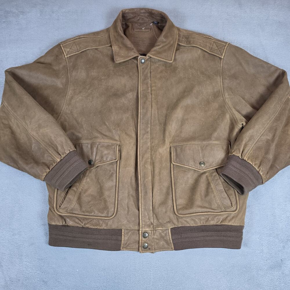 Roundtree & Yorke Leather Bomber Jacket XL Brown Full Zip Flight Coat Mens